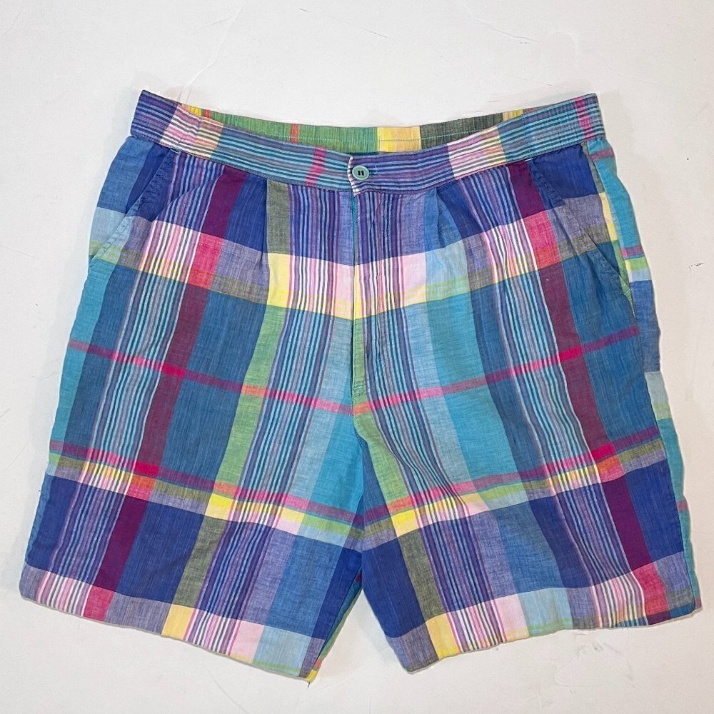 JANTZEN Vintage 80s Pastel Pleated Yuppie Cotton Preppy Plaid Summer Shorts 34